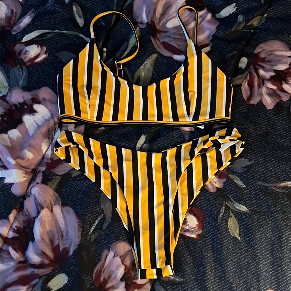 Striped Yellow and Black Bikini Set